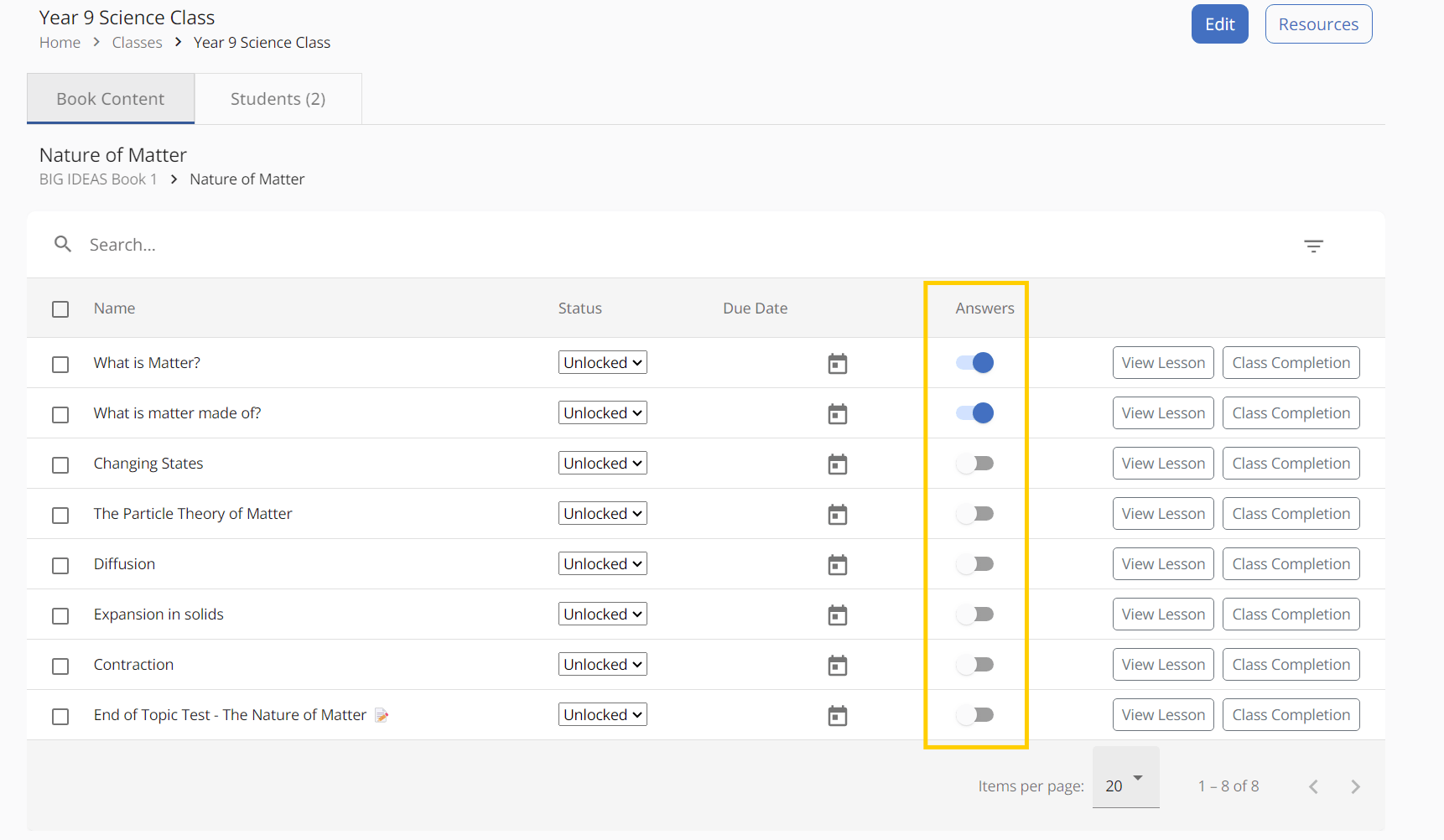 Answers toggle slider