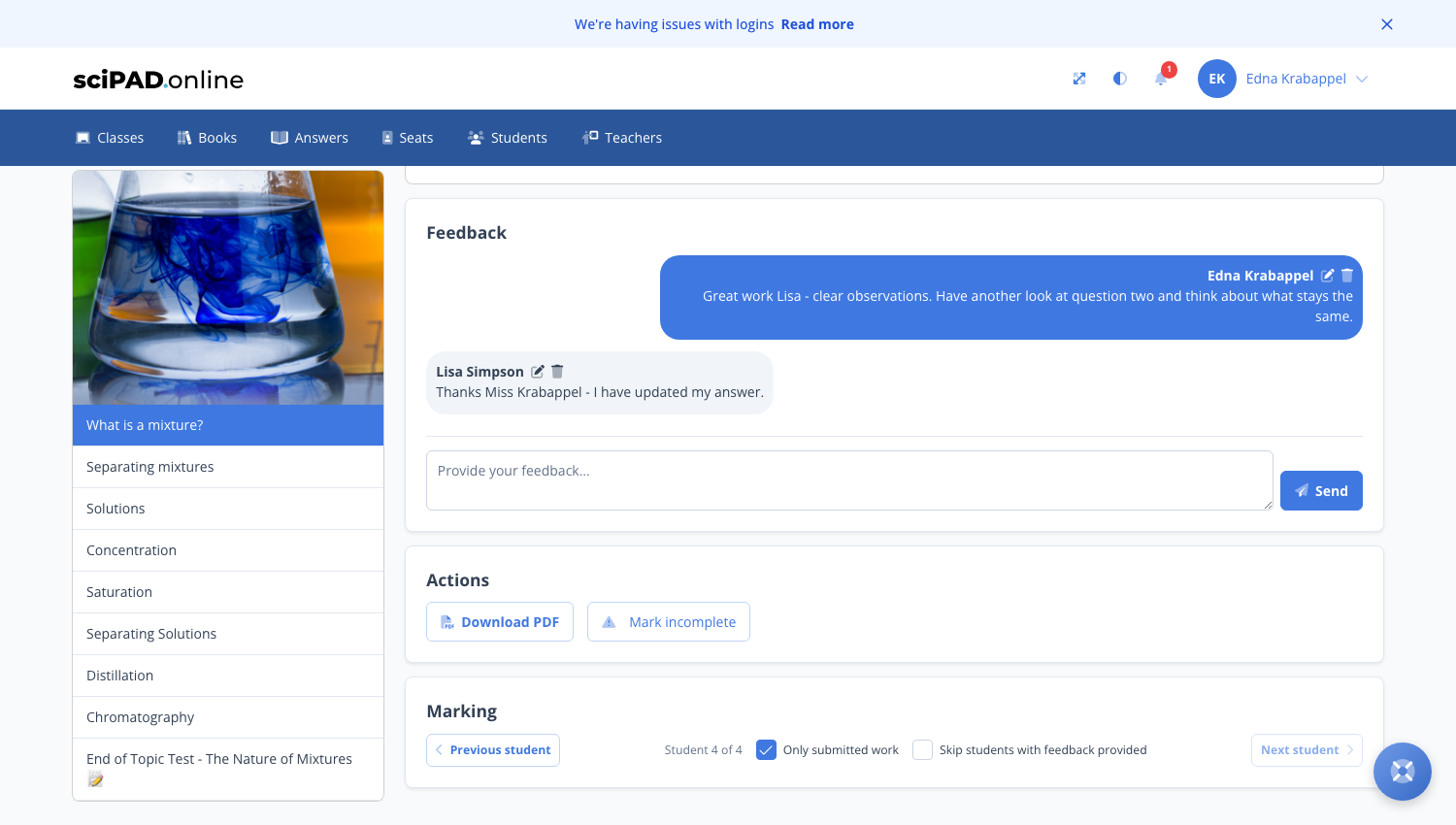 Teacher view of the feedback panel at the base of a student's lesson