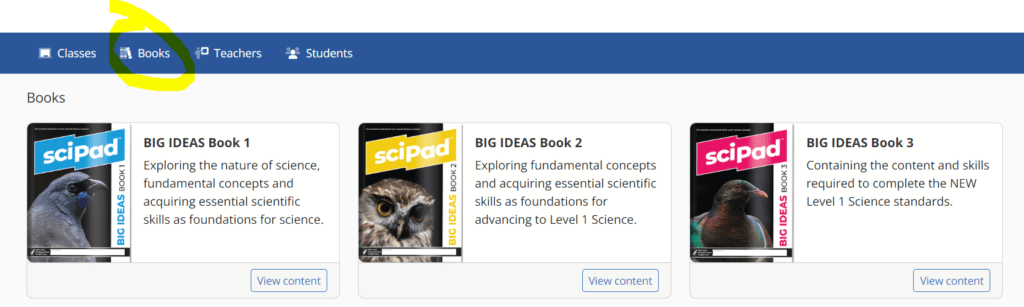 Books page showing all titles available to your school