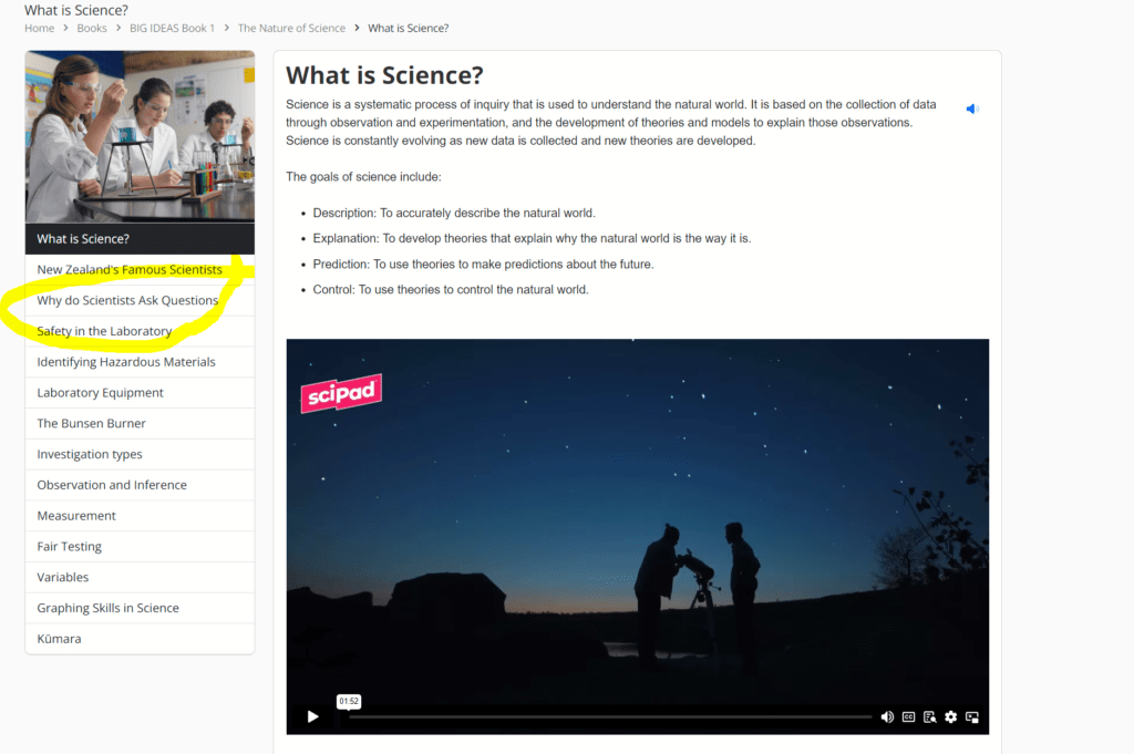 Lesson preview window with left-hand navigation menu