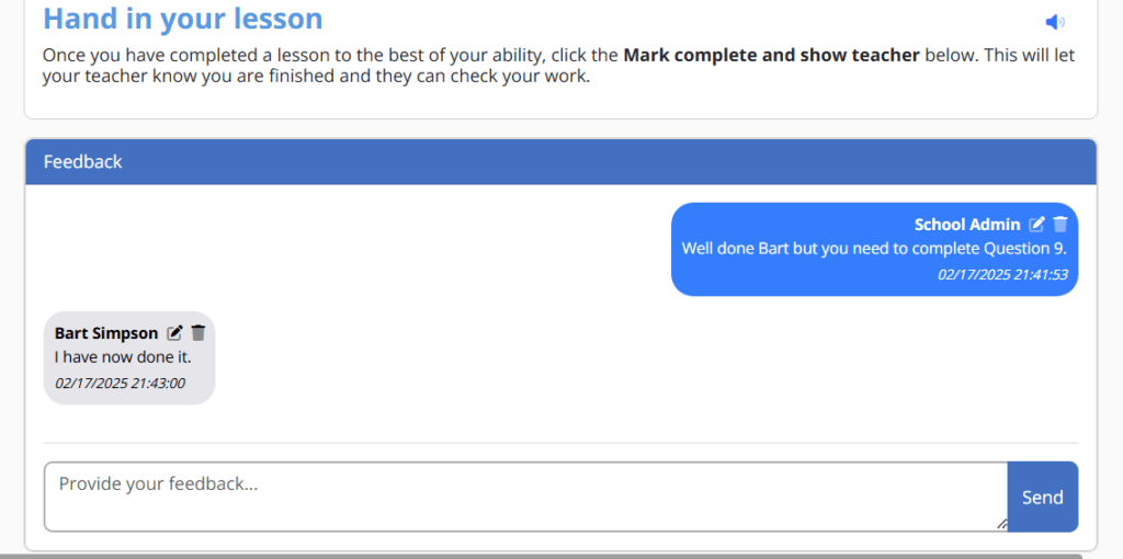 Feedback messaging interface at the base of a lesson