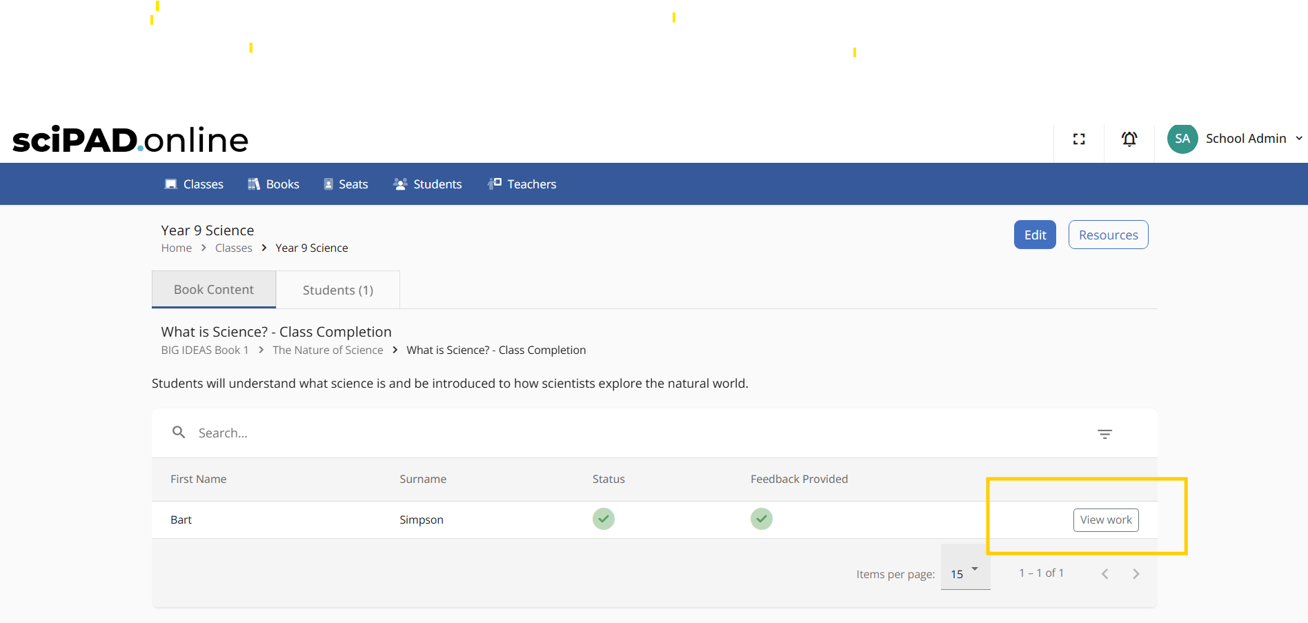 Submitted work showing a green tick