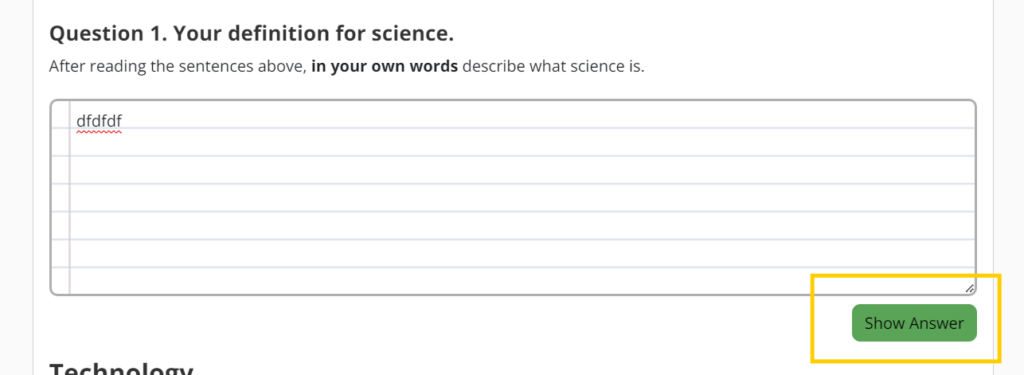Show model answer button revealing a long-answer response